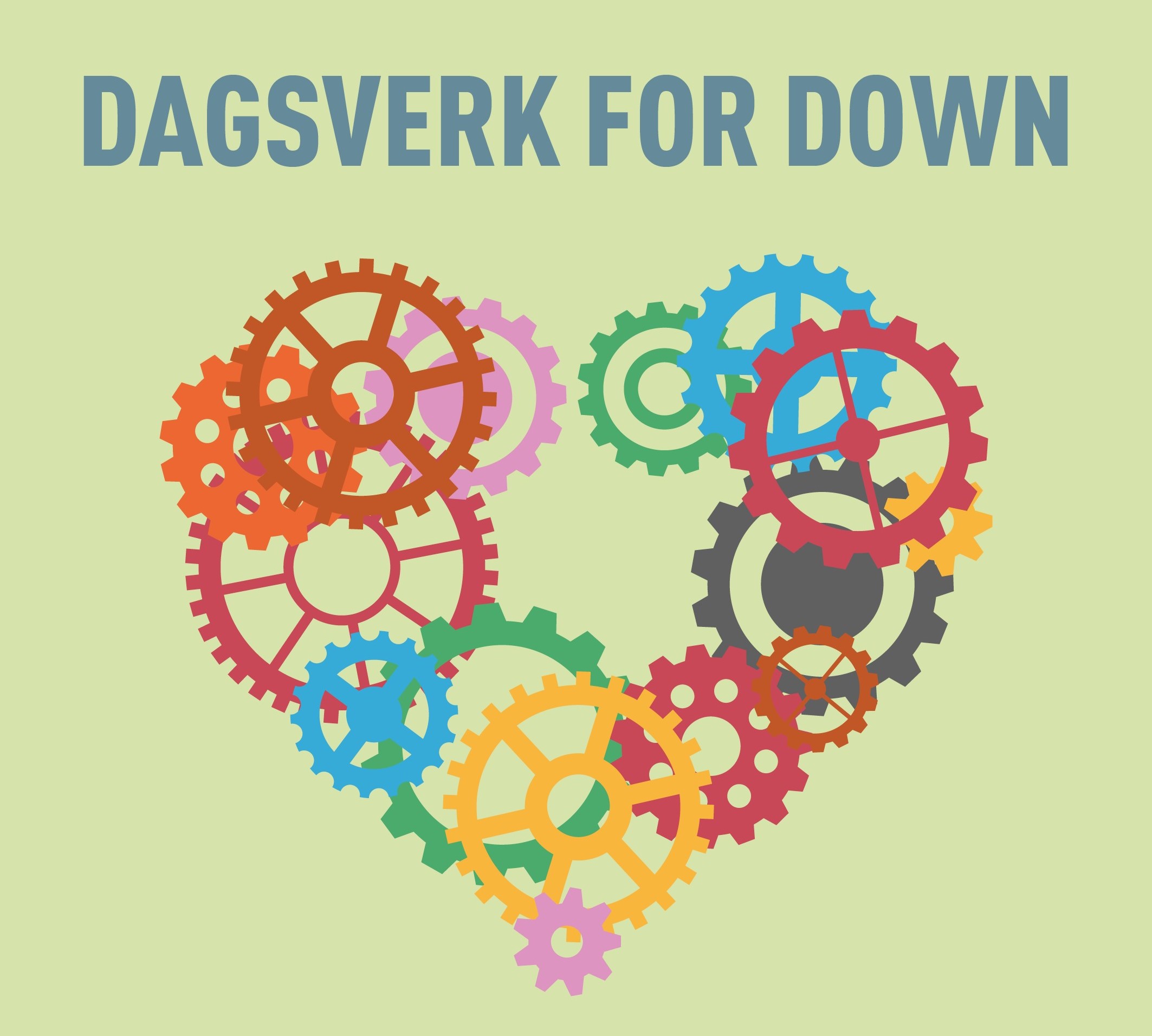 Hjerte av tannhjul mot grønn bakgrunn, logo Dagsverk for Down