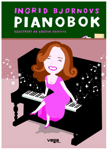 Tegning av kvinne i rosa kjole som sitter på et sort piano
